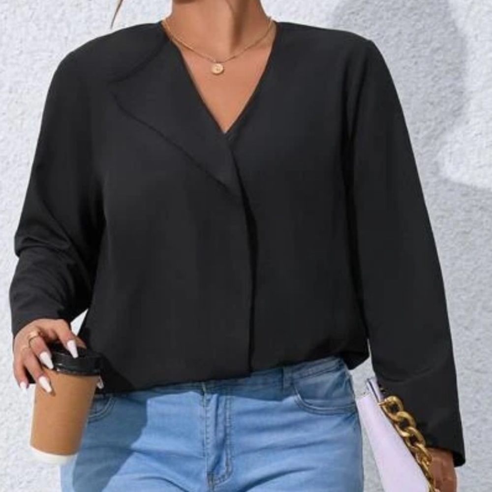 Black Shein Long Sleeve Waterfall Collar Blouse Shirt NEW in Package